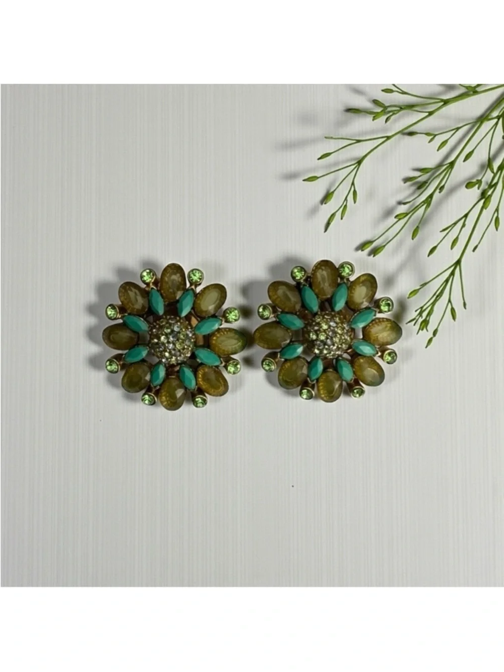 Clip On Floral Rhinestone Earrings Carolee Green Teal Cluster